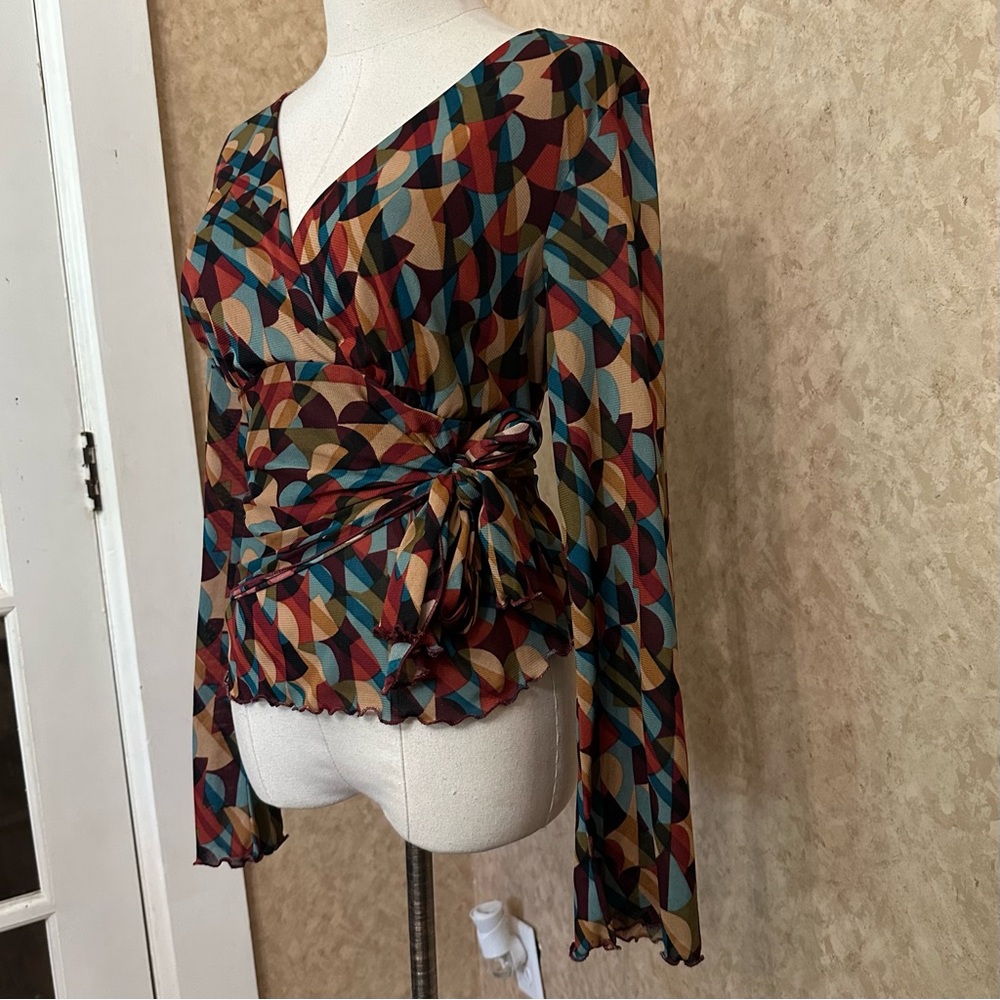 VTG Y2K 2000s Mesh Layered Abstract Earthy Tones Bell Sleeve Wrap Style Top